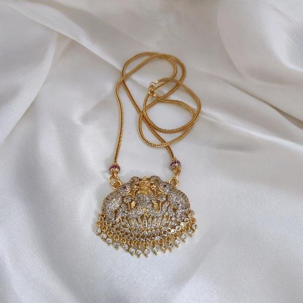 White Stone Lakshmi Pendant Long Chain